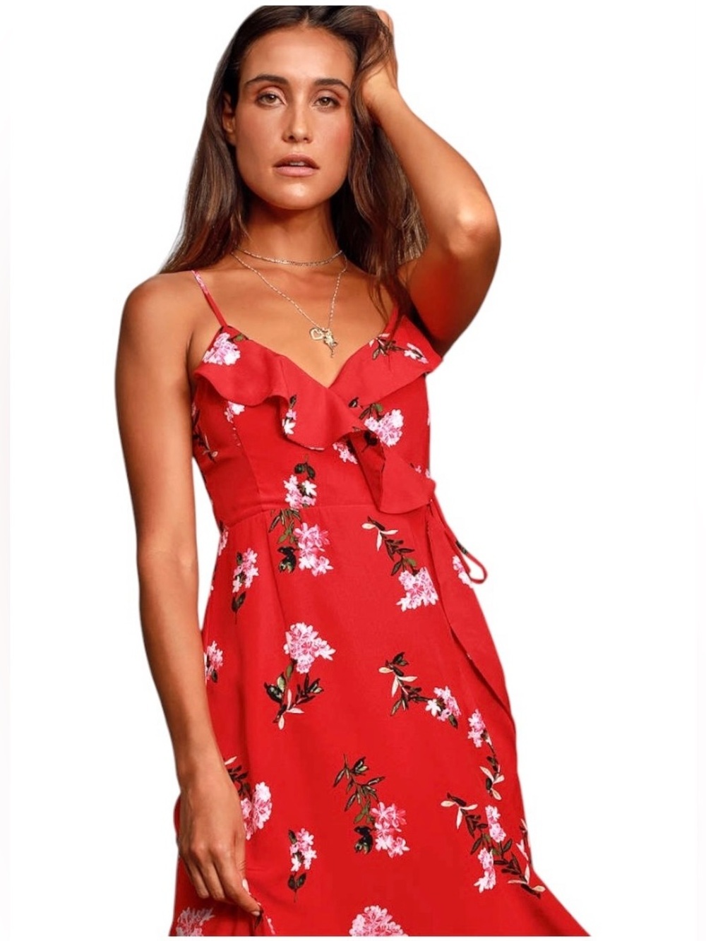 Lulus Women Red Floral Sleeveless Ruffled Wrap Flowy Prom Party Maxi Dress Sz M - Picture 3 of 10